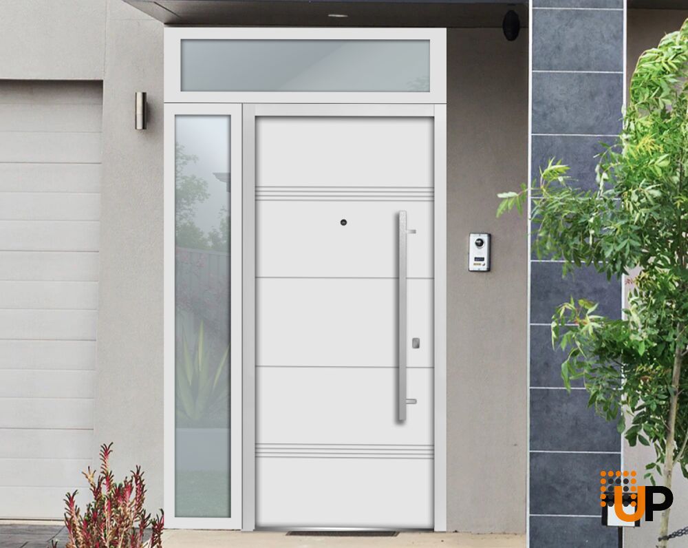 Front Exterior Prehung Steel Door / Deux 1705 White Enamel / Sidelight and Transom Black Window / Stainless Inserts Single Modern Painted-W36+14" x H80+16"-Left-hand Inswing photo#3
