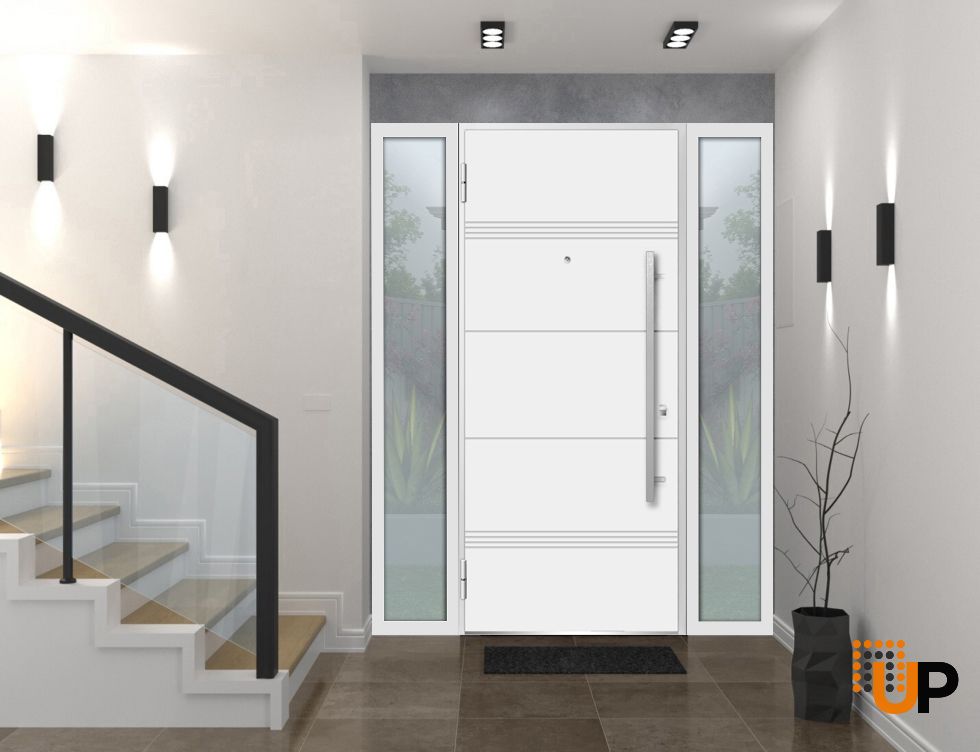 Front Exterior Prehung Steel Door / Deux 1705 White Enamel / 2 Sidelight Exterior Black Windows / Stainless Inserts Single Modern Painted-W16+36+16" x H80"-Left-hand Inswing photo#2