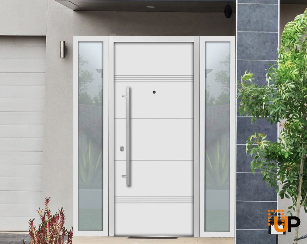 Front Exterior Prehung Steel Door / Deux 1705 White Enamel / 2 Sidelight Exterior Black Windows / Stainless Inserts Single Modern Painted-W16+36+16" x H80"-Left-hand Inswing photo#3