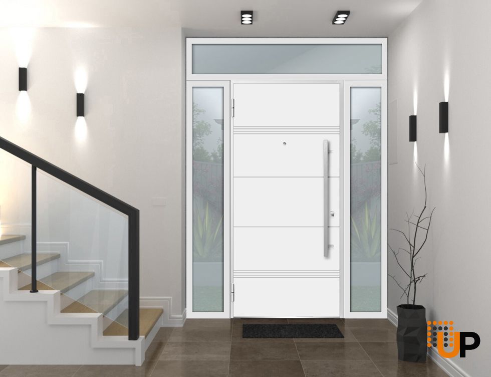 Front Exterior Prehung Steel Door / Deux 1705 White Enamel / 2 Sidelight and Transom Black Window / Stainless Inserts Single Modern Painted-W16+36+16" x H80+16"-Left-hand Inswing photo#2