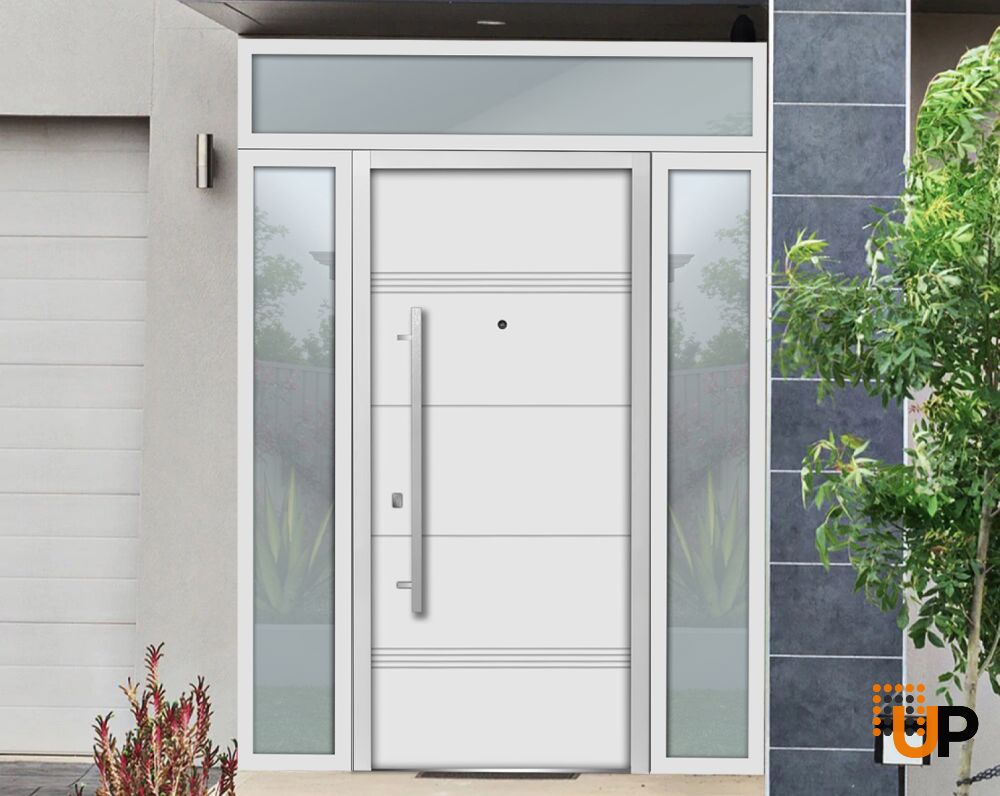 Front Exterior Prehung Steel Door / Deux 1705 White Enamel / 2 Sidelight and Transom Black Window / Stainless Inserts Single Modern Painted-W16+36+16" x H80+16"-Left-hand Inswing photo#3