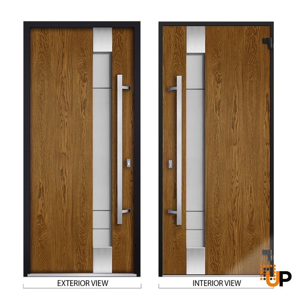 Front Exterior Prehung Steel Door / Deux 1713 Natural Oak / Sidelight and Transom White Window / Stainless Inserts Single Modern Painted-W36+14" x H80+16"-Left-hand Inswing photo#4