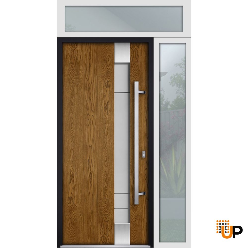 Front Exterior Prehung Steel Door / Deux 1713 Natural Oak / Sidelight and Transom White Window / Stainless Inserts Single Modern Painted-W36+14" x H80+16"-Left-hand Inswing photo#1