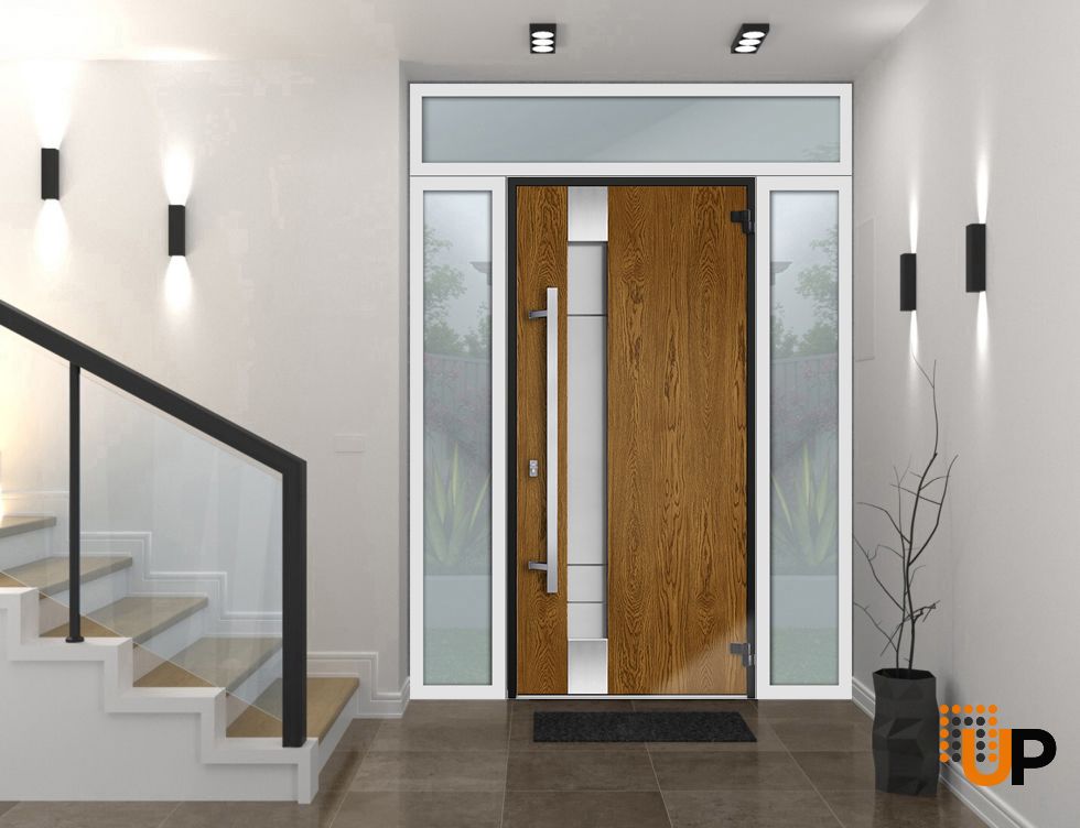 Front Exterior Prehung Steel Door / Deux 1713 Natural Oak / 2 Sidelight and Transom White Window / Stainless Inserts Single Modern Painted-W14+36+14" x H80+16"-Left-hand Inswing photo#2