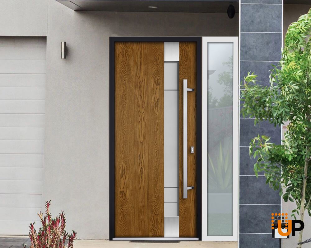 Front Exterior Prehung Steel Door / Deux 1713 Natural Oak / Sidelight Exterior White Window / Stainless Inserts Single Modern Painted-W36+16" x H80"-Left-hand Inswing photo#3