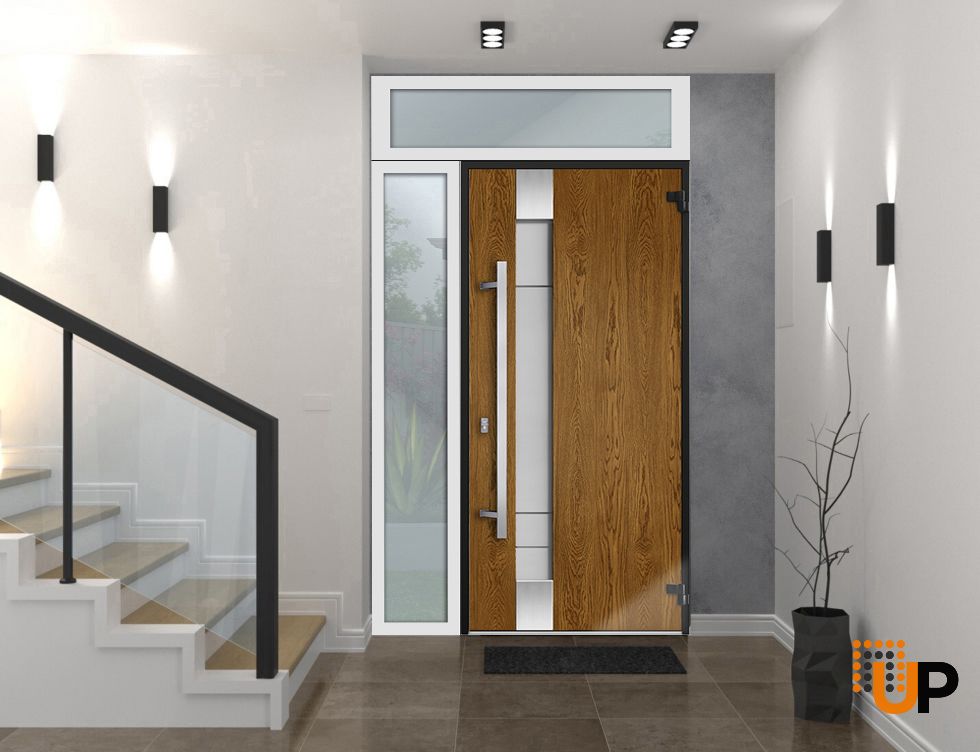 Front Exterior Prehung Steel Door / Deux 1713 Natural Oak / Sidelight and Transom White Window / Stainless Inserts Single Modern Painted-W36+14" x H80+16"-Left-hand Inswing photo#2
