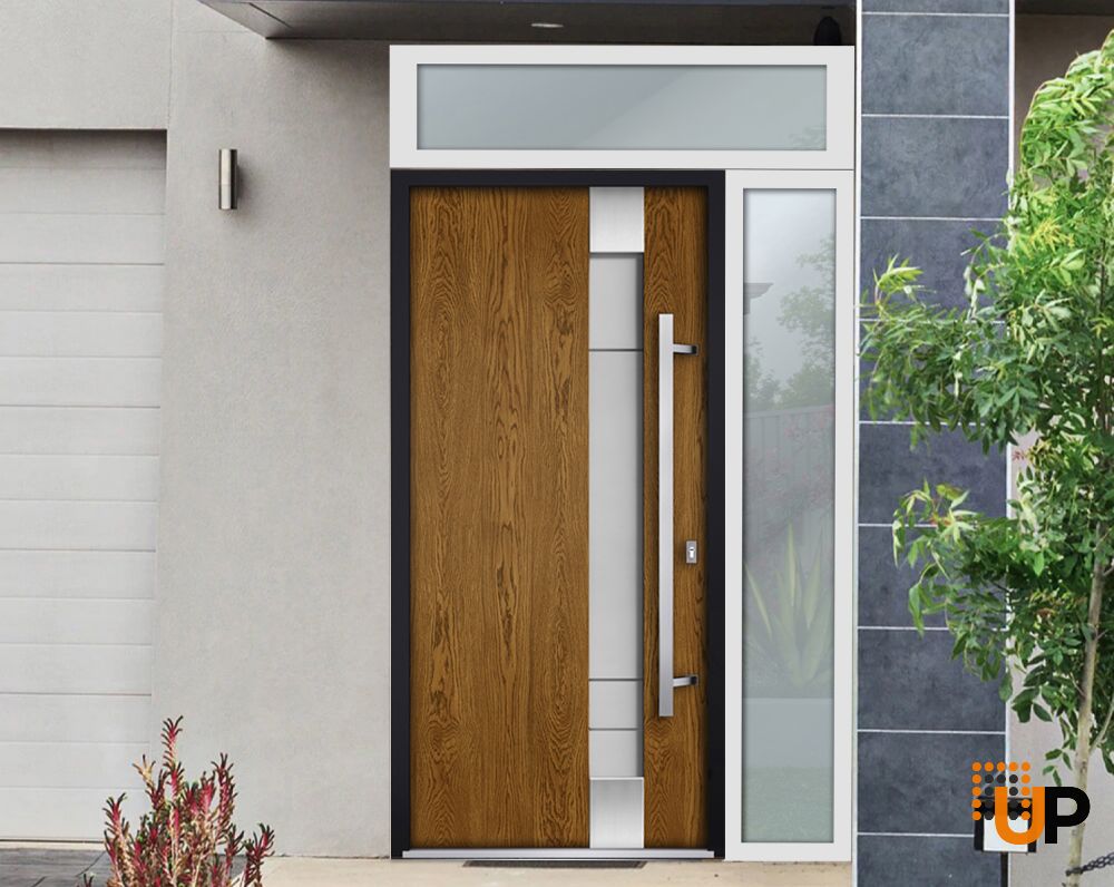 Front Exterior Prehung Steel Door / Deux 1713 Natural Oak / Sidelight and Transom White Window / Stainless Inserts Single Modern Painted-W36+14" x H80+16"-Left-hand Inswing photo#3