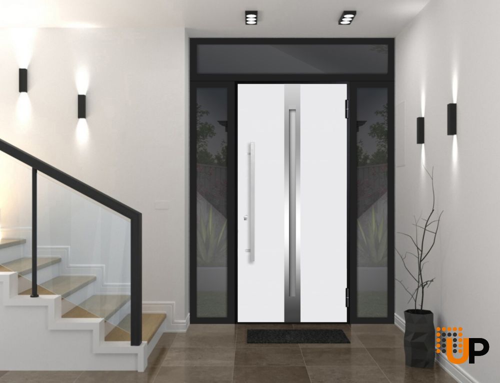 Front Exterior Prehung Steel Door / Deux 1744 Natural Oak / 2 Sidelight and Transom Black Window / Stainless Inserts Single Modern Painted-W16+36+16" x H80+16"-Left-hand Inswing photo#2