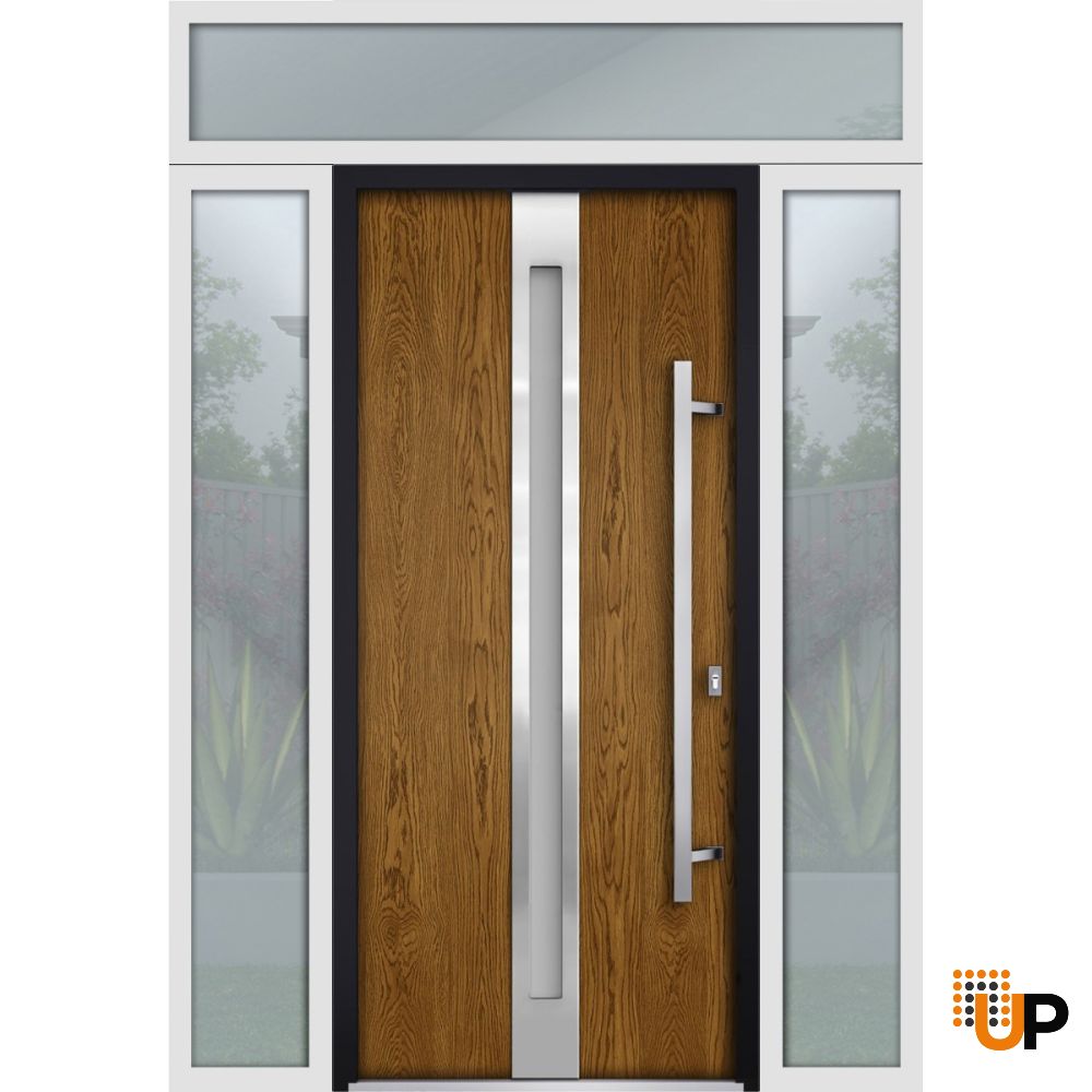 Front Exterior Prehung Steel Door / Deux 1744 Natural Oak / 2 Sidelight and Transom White Window / Stainless Inserts Single Modern Painted-W14+36+14" x H80+16"-Left-hand Outswing photo#1
