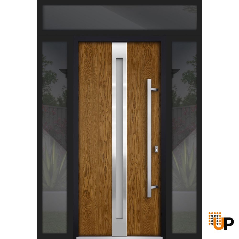 Front Exterior Prehung Steel Door / Deux 1744 Natural Oak / 2 Sidelight and Transom Black Window / Stainless Inserts Single Modern Painted-W16+36+16" x H80+16"-Left-hand Inswing photo#1