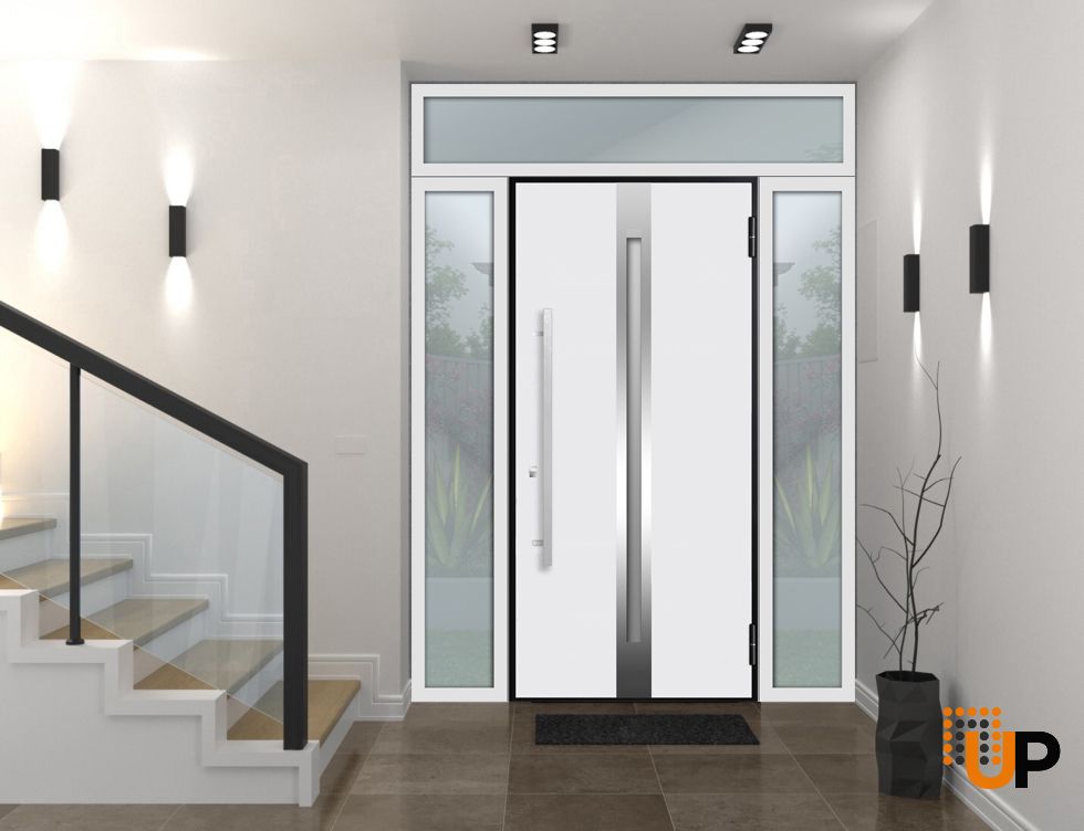 Front Exterior Prehung Steel Door / Deux 1744 Natural Oak / 2 Sidelight and Transom White Window / Stainless Inserts Single Modern Painted-W16+36+16" x H80+16"-Left-hand Outswing photo#2