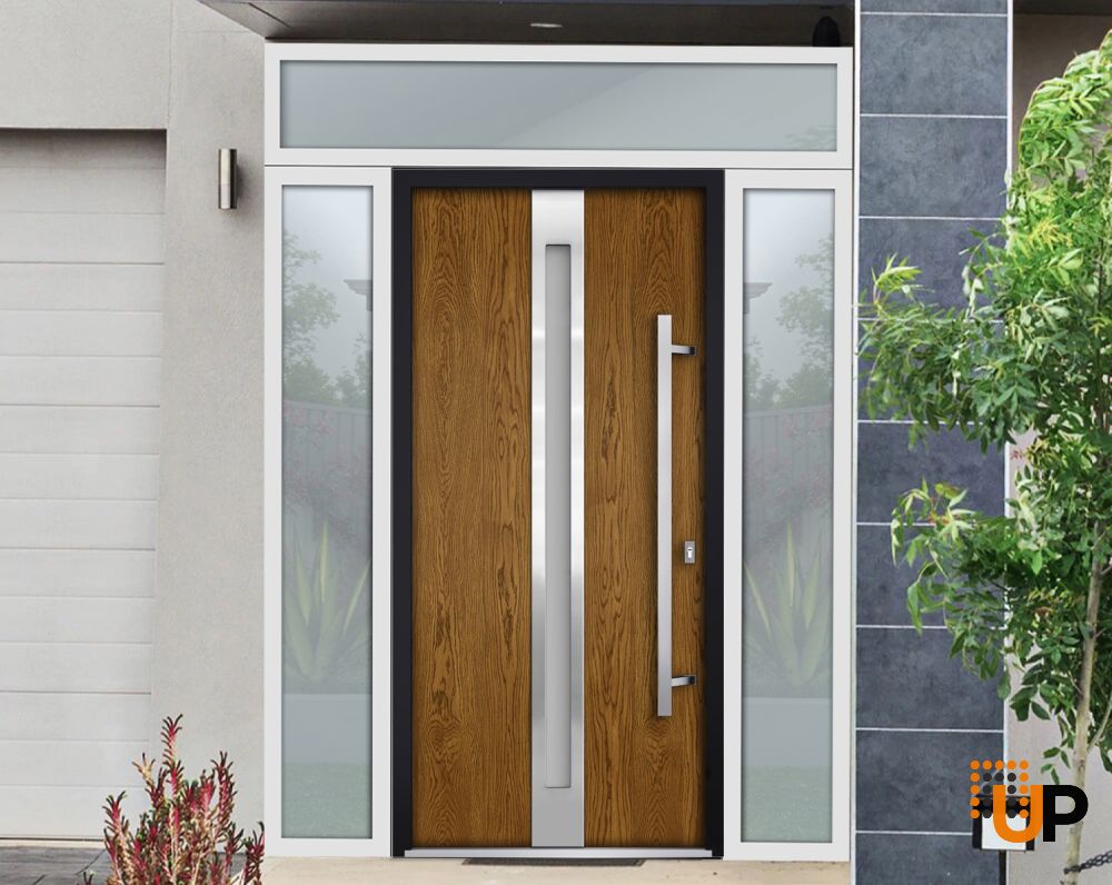 Front Exterior Prehung Steel Door / Deux 1744 Natural Oak / 2 Sidelight and Transom White Window / Stainless Inserts Single Modern Painted-W16+36+16" x H80+16"-Left-hand Outswing photo#3