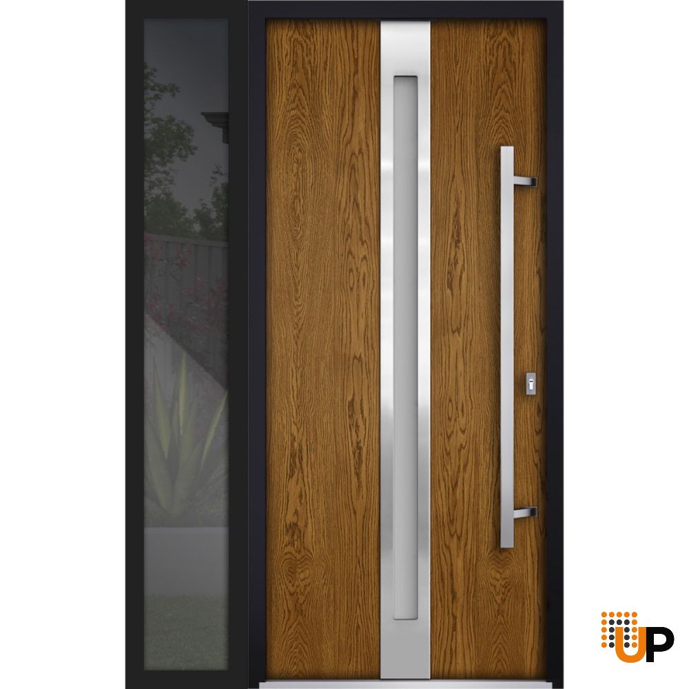 Front Exterior Prehung Steel Door / Deux 1744 Natural Oak / Sidelight Exterior Black Window / Stainless Inserts Single Modern Painted-W36+14" x H80"-Left-hand Outswing photo#1