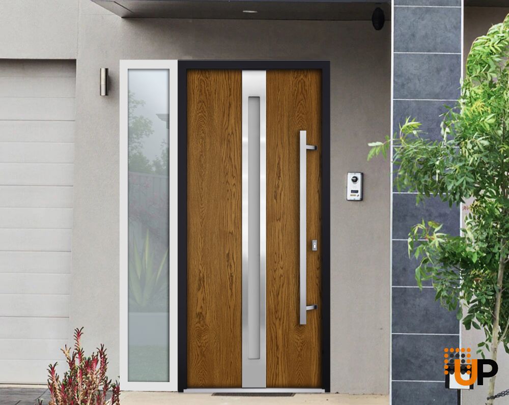 Front Exterior Prehung Steel Door / Deux 1744 Natural Oak / Sidelight Exterior White Window / Stainless Inserts Single Modern Painted-W36+14" x H80"-Left-hand Outswing photo#3