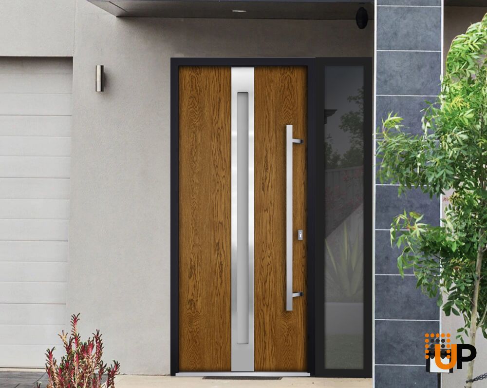 Front Exterior Prehung Steel Door / Deux 1744 Natural Oak / Sidelight Exterior Black Window / Stainless Inserts Single Modern Painted-W36+14" x H80"-Left-hand Outswing photo#3