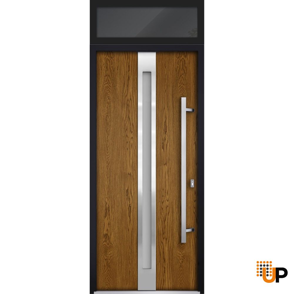 Front Exterior Prehung Steel Door / Deux 1744 Natural Oak / Transom Black Window / Stainless Inserts Single Modern Painted-W36" x H80+16"-Left-hand Outswing photo#1