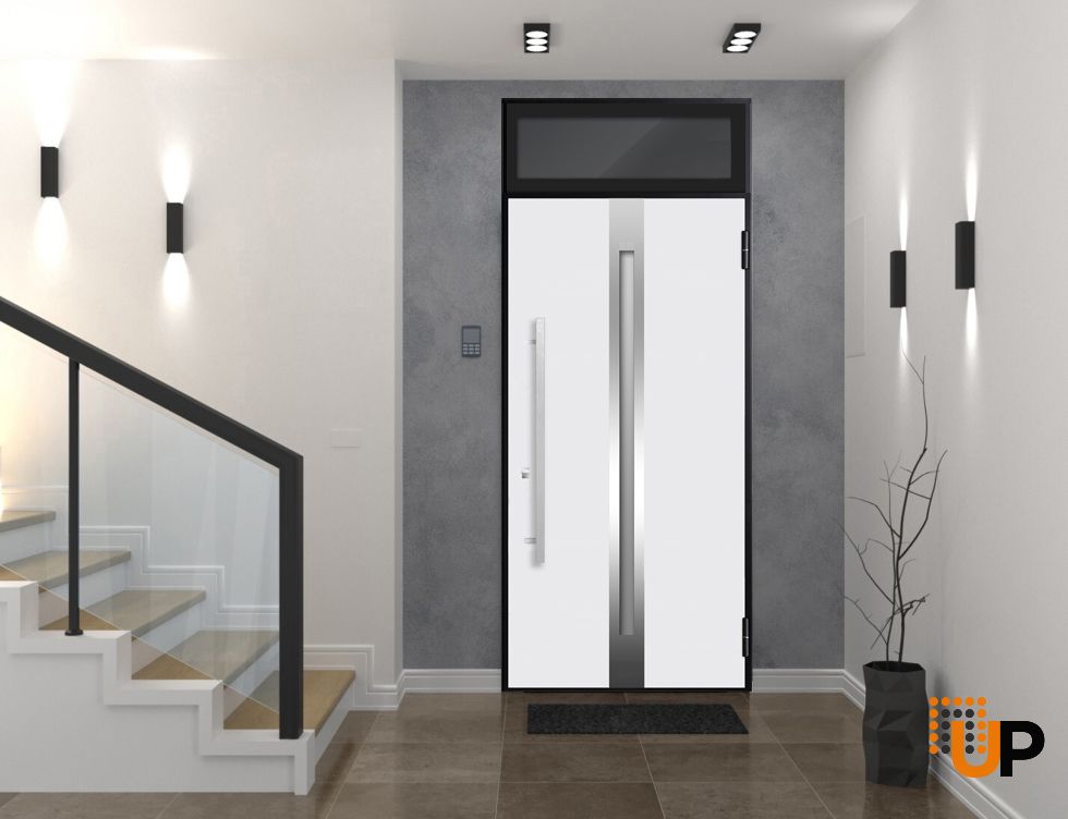 Front Exterior Prehung Steel Door / Deux 1744 Natural Oak / Transom Black Window / Stainless Inserts Single Modern Painted-W36" x H80+16"-Left-hand Outswing photo#2