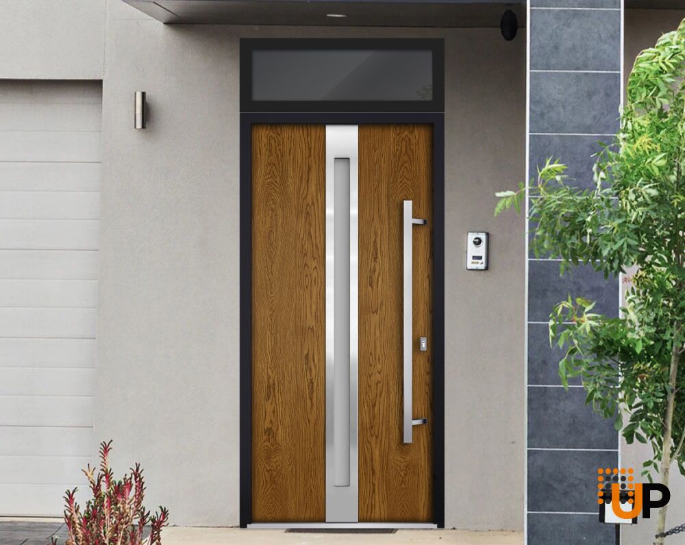 Front Exterior Prehung Steel Door / Deux 1744 Natural Oak / Transom Black Window / Stainless Inserts Single Modern Painted-W36" x H80+16"-Left-hand Outswing photo#4