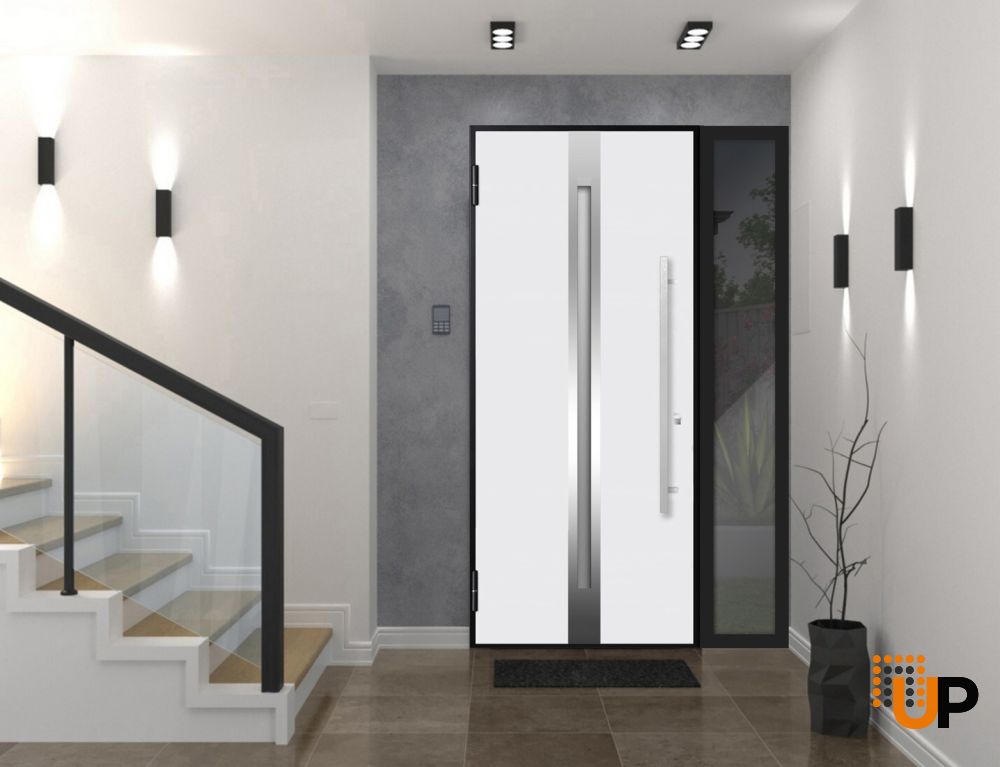 Front Exterior Prehung Steel Door / Deux 1744 Natural Oak / Sidelight Exterior Black Window / Stainless Inserts Single Modern Painted-W36+16" x H80"-Left-hand Outswing photo#2