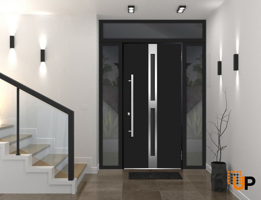 Front Exterior Prehung Steel Door / Deux 1755 Black Enamel / 2 Sidelight and Transom Window / Stainless Inserts Single Modern Painted-W16+36+16" x H80+16"-Left-hand Inswing photo#3