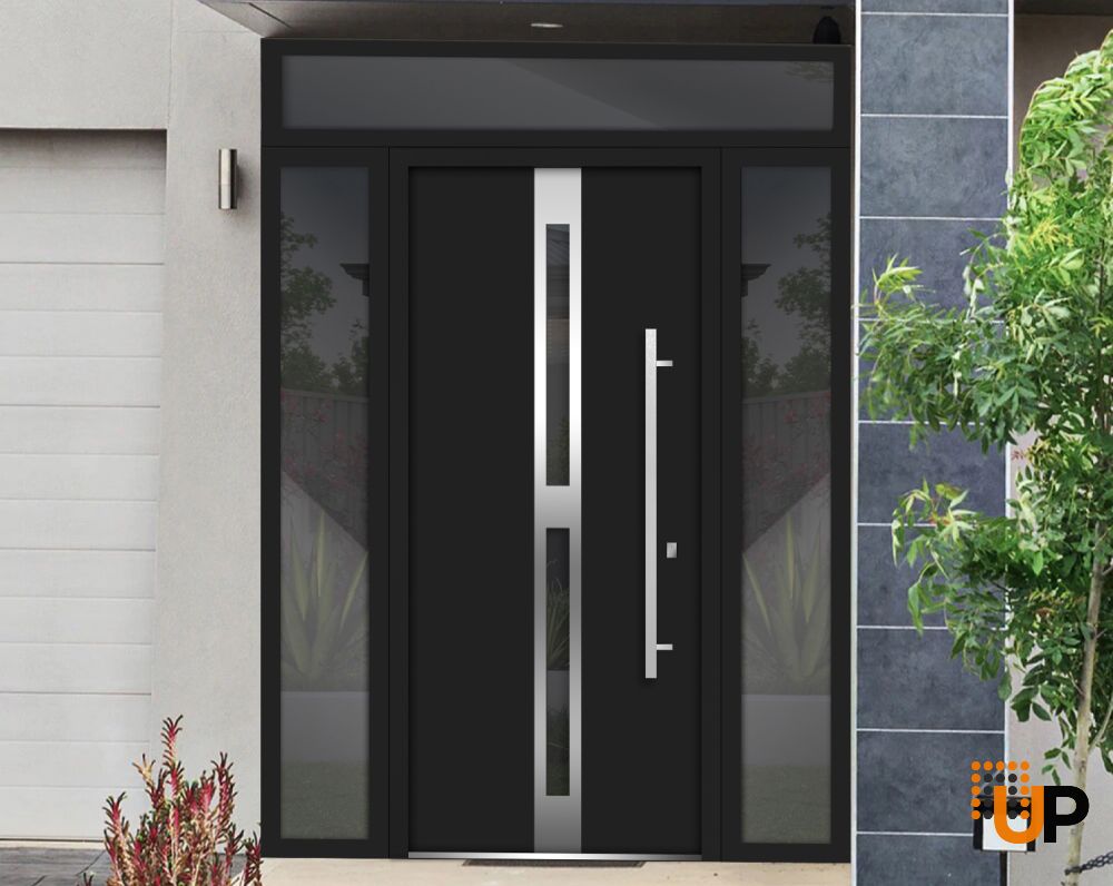 Front Exterior Prehung Steel Door / Deux 1755 Black Enamel / 2 Sidelight and Transom Window / Stainless Inserts Single Modern Painted-W14+36+14" x H80+16"-Left-hand Inswing photo#2