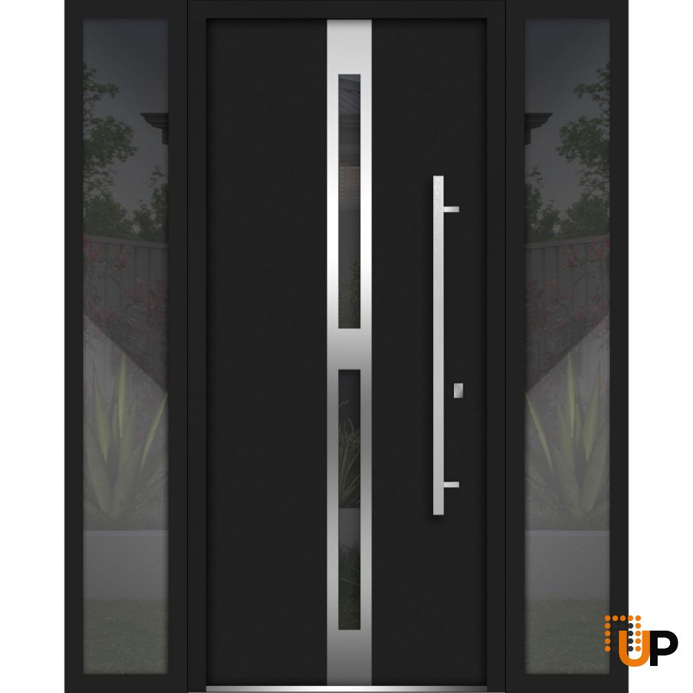Front Exterior Prehung Steel Door / Deux 1755 Black Enamel / 2 Sidelight Exterior Windows / Stainless Inserts Single Modern Painted-W16+36+16" x H80"-Left-hand Inswing photo#1