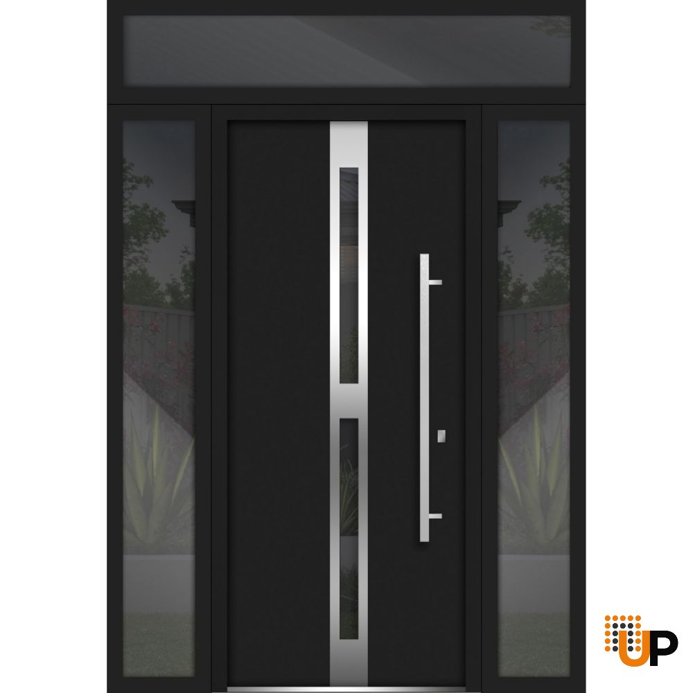 Front Exterior Prehung Steel Door / Deux 1755 Black Enamel / 2 Sidelight and Transom Window / Stainless Inserts Single Modern Painted-W16+36+16" x H80+16"-Left-hand Inswing photo#1