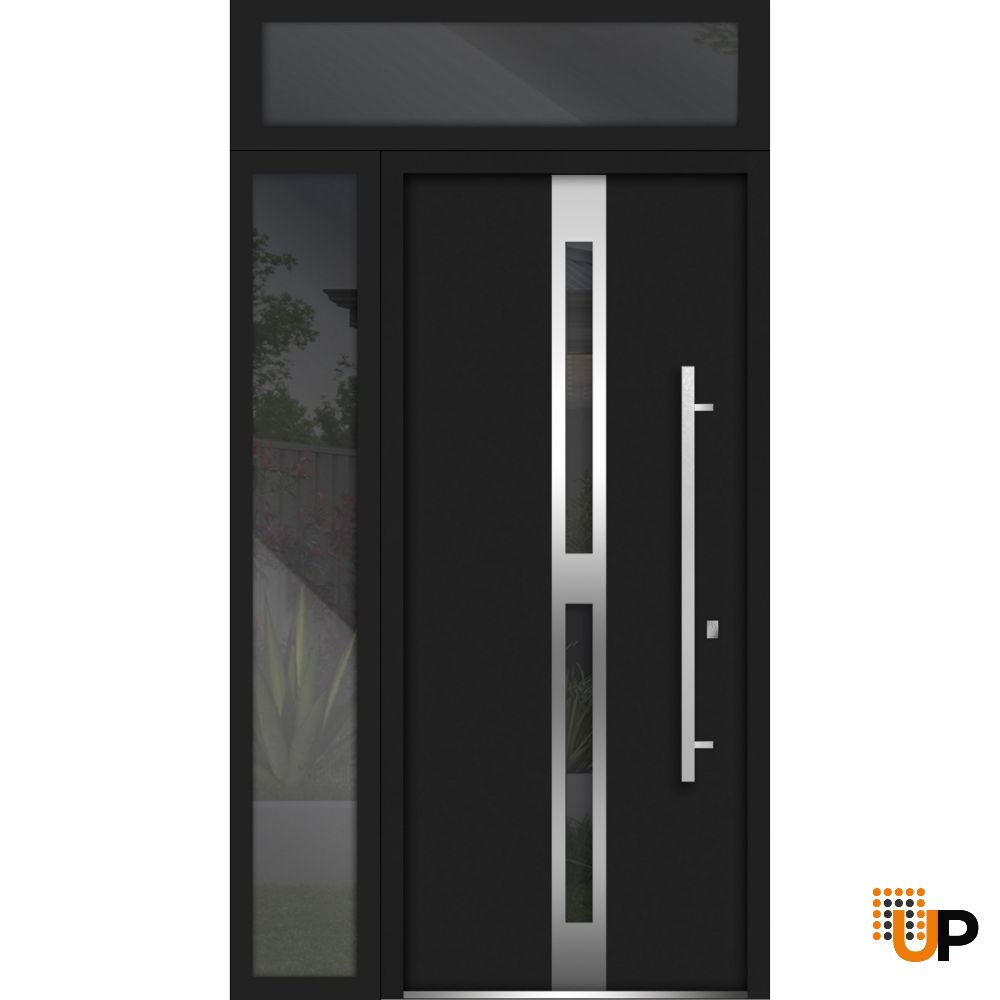 Front Exterior Prehung Steel Door / Deux 1755 Black Enamel / Sidelight and Transom Window / Stainless Inserts Single Modern Painted-W36+14" x H80+16"-Left-hand Inswing photo#1