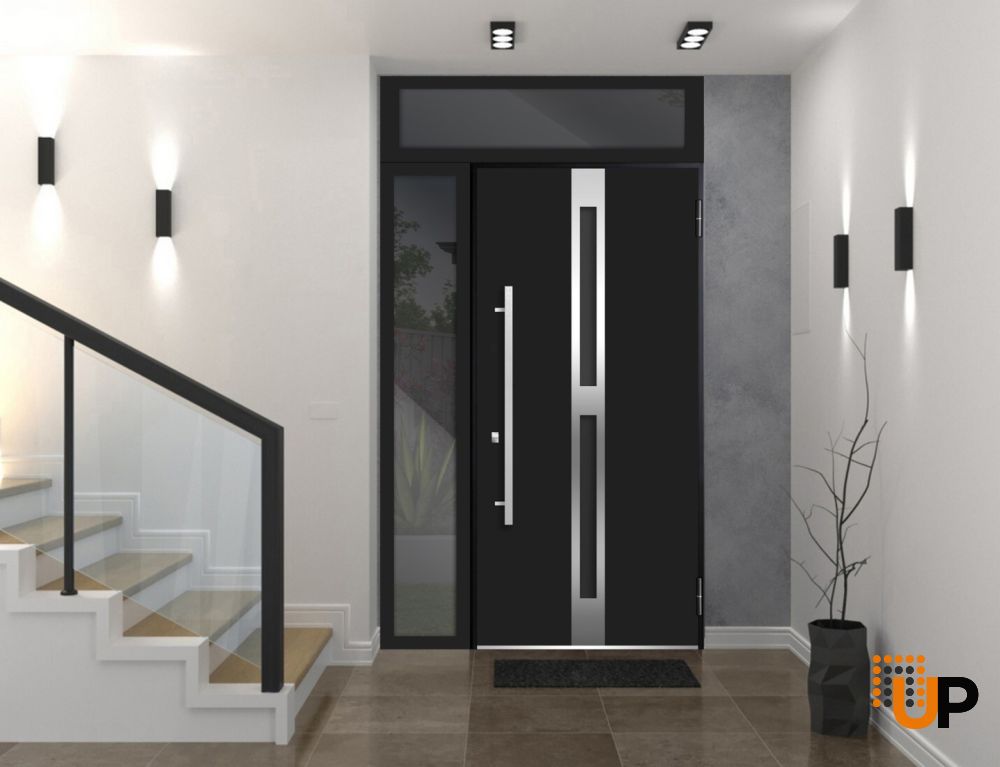 Front Exterior Prehung Steel Door / Deux 1755 Black Enamel / Sidelight and Transom Window / Stainless Inserts Single Modern Painted-W36+14" x H80+16"-Left-hand Inswing photo#2