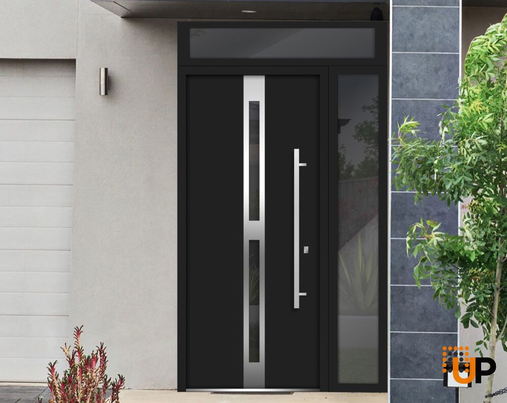 Front Exterior Prehung Steel Door / Deux 1755 Black Enamel / Sidelight and Transom Window / Stainless Inserts Single Modern Painted-W36+16" x H80+16"-Left-hand Inswing photo#3