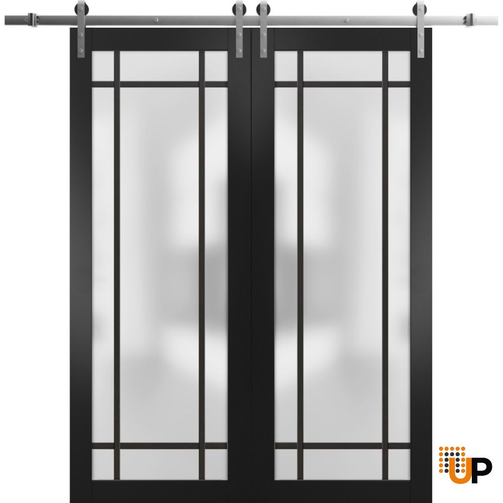 Sturdy Double Barn Door with Frosted Glass | Planum 2112 Matte Black and Aluminum Strips | 13FT Silver Rail Hangers Heavy Set | Modern Solid Panel Interior Doors  -84" x 84" (2* 42x84) photo#1