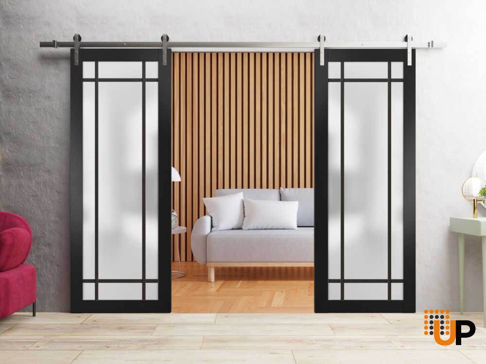 Sturdy Double Barn Door with Frosted Glass | Planum 2112 Matte Black and Aluminum Strips | 13FT Silver Rail Hangers Heavy Set | Modern Solid Panel Interior Doors  -84" x 84" (2* 42x84) photo#2