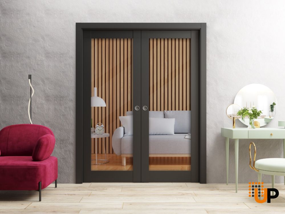 Sliding Double Pocket Door Clear Glass | Lucia 2166 Matte Black | Kit Trims Rail Hardware | Solid Wood Interior Bedroom Bathroom Closet Sturdy Doors-48" x 84" (2* 24x84) photo#2