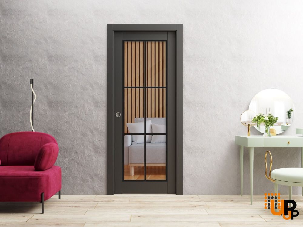 Sliding French Pocket Door Clear Glass | Lucia 2366 Matte Black and Aluminum Strips | Kit Trims Rail Hardware | Solid Wood Interior Bedroom Sturdy Doors-28" x 80" photo#2