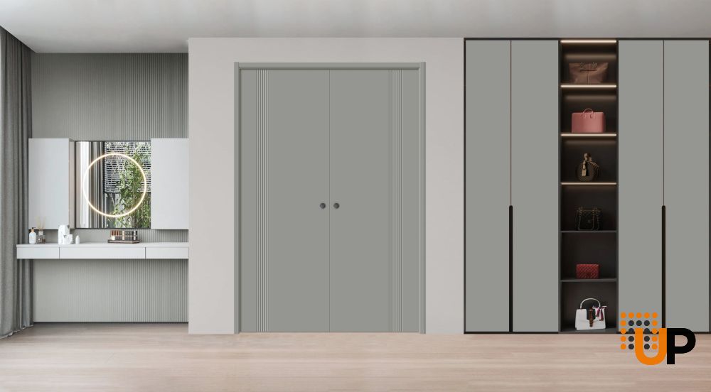 Sliding French Double Pocket Doors 36 x 80 inches | BASIC 0111 Dove Grey | Kit Rail Hardware | Solid Wood Interior Bedroom Modern Doors photo#2