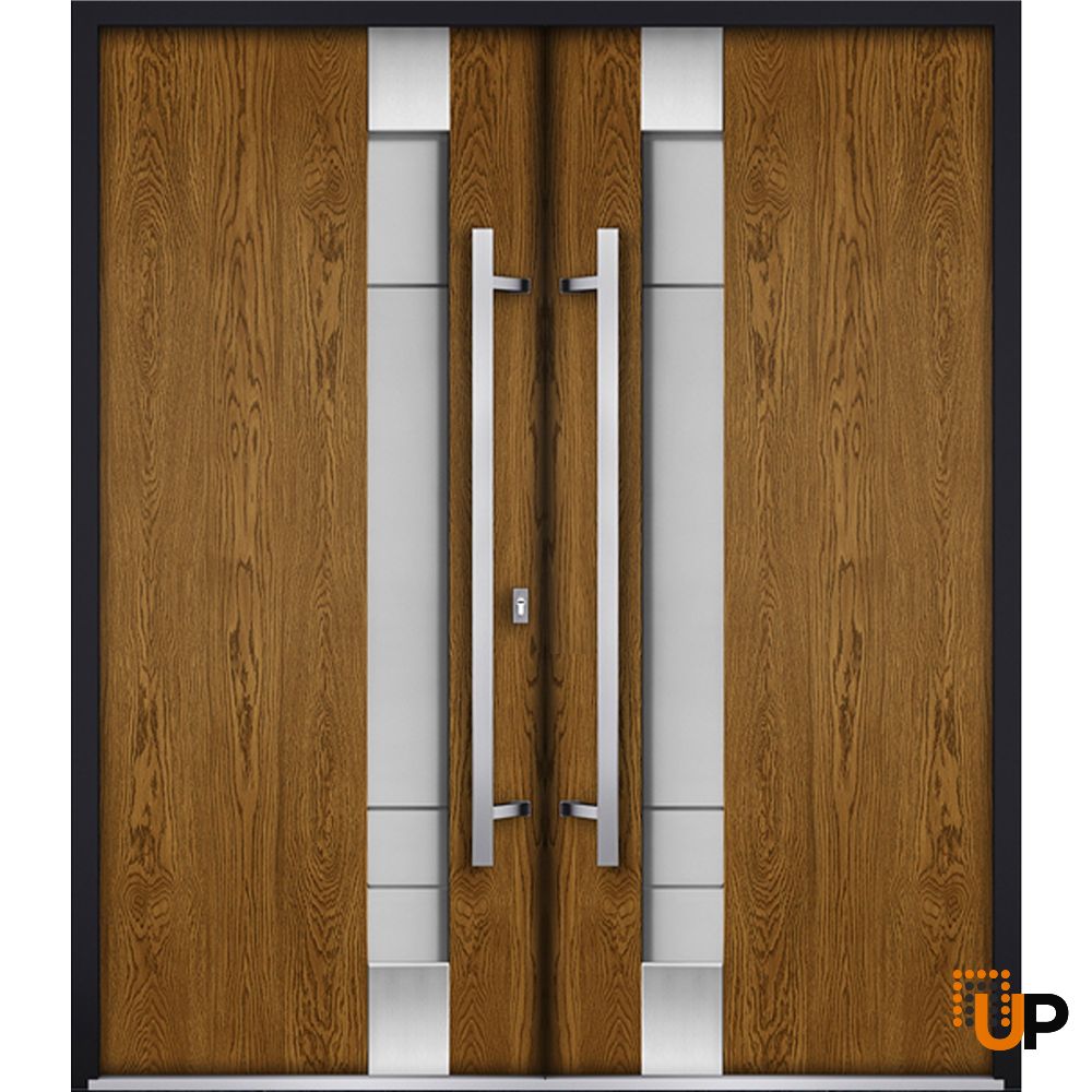 Front Exterior Prehung Steel Double Doors / Deux 1713 Natural Oak / Stainless Inserts Double Modern Painted-Right Hand photo#1