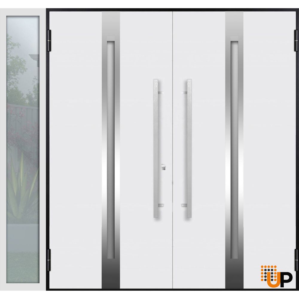 Front Exterior Prehung Steel Double Doors / Deux 1713 Natural Oak / White Sidelight Exterior Window / Stainless Inserts Double Modern Painted-Left Hand-W72+12" x H80" photo#2