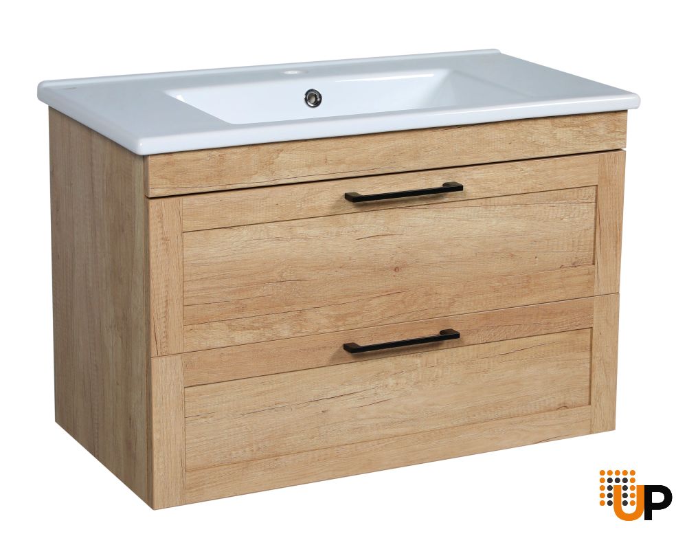 Modern Wall-Mounted Bathroom Vanity with Washbasin | Palm Beach Teak Natural Collection | Non-Toxic Fire-Resistant MDF-34" photo#1