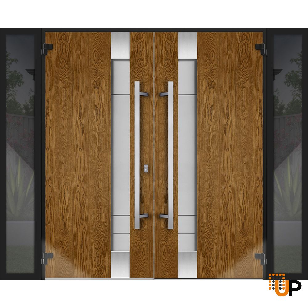 Front Exterior Prehung Steel Double Doors / Deux 1713 Natural Oak / 2 Black Sidelight Exterior Windows / Stainless Inserts Single Modern Painted-W12+72+12" x H80" photo#2
