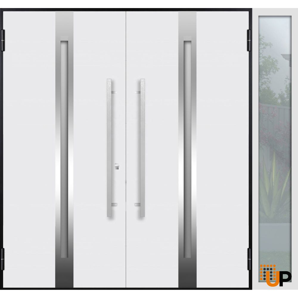Front Exterior Prehung Steel Double Doors / Deux 1713 Natural Oak / White Sidelight Exterior Window / Stainless Inserts Double Modern Painted-Left Hand-W72+12" x H80" photo#3