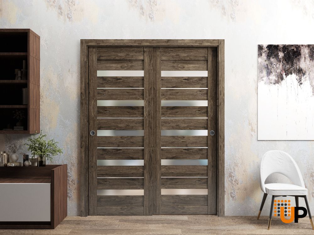 Sliding Closet Bypass Doors with Frosted Glass | Quadro 4445 Cognac Oak| Sturdy Rails Moldings Trims Hardware Set | Wood Solid Bedroom Wardrobe Doors -72" x 84" (2* 36x84) photo#1
