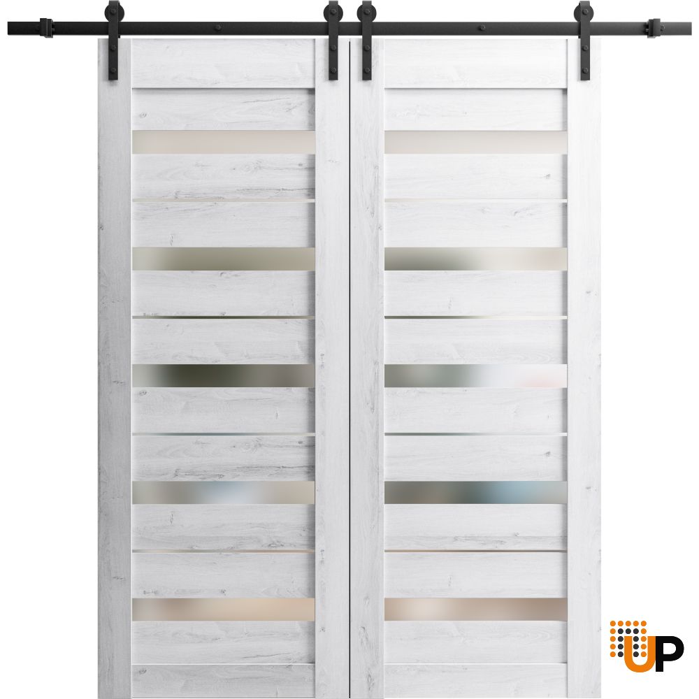 Sturdy Double Barn Door with Frosted Glass | Quadro 4445 Nordic White | 13FT Rail Hangers Heavy Set | Solid Panel Interior Doors-48" x 80" (2* 24x80) photo#1