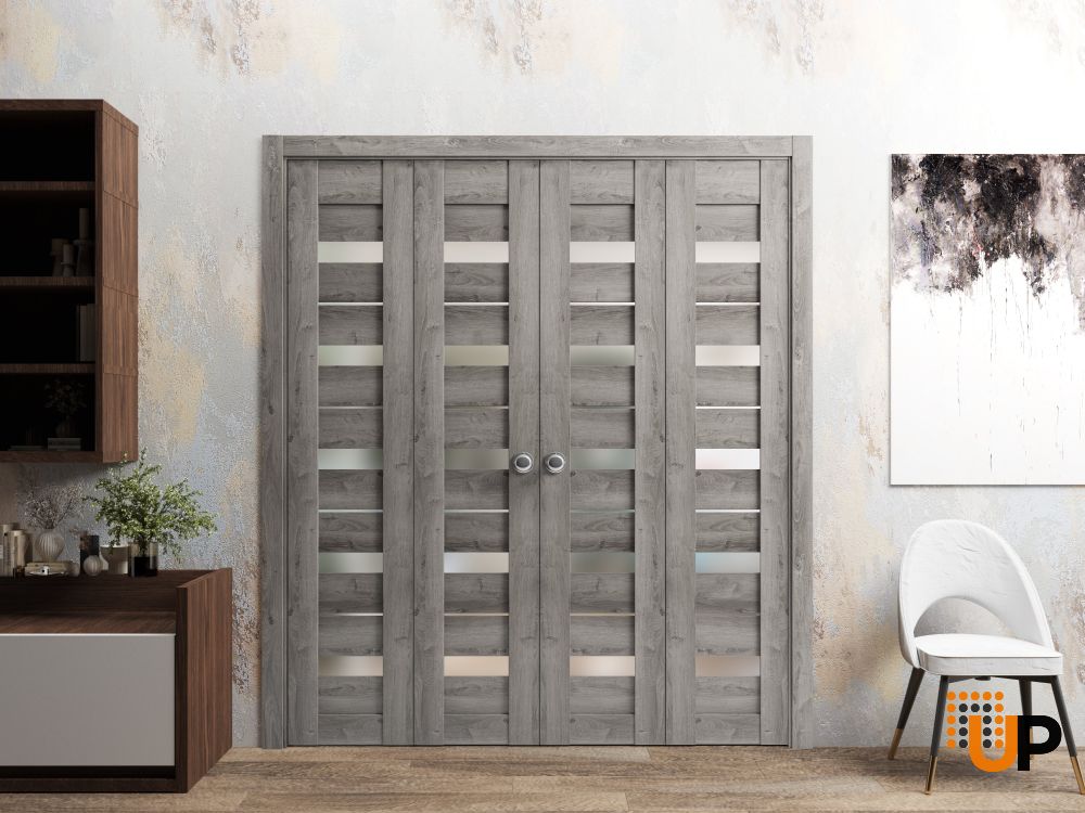 Sliding Closet Double Bi-fold Doors | Quadro 4445 Nebraska Grey with Frosted Glass | Sturdy Tracks Moldings Trims Hardware Set | Wood Solid Bedroom Wardrobe Doors  photo#1
