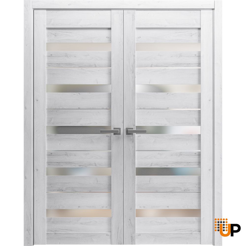 Solid French Double Doors Frosted Glass | Quadro 4445 Nordic White | Wood Solid Panel Frame Trims | Closet Bedroom Sturdy Doors -56" x 96" (2* 28x96) photo#3