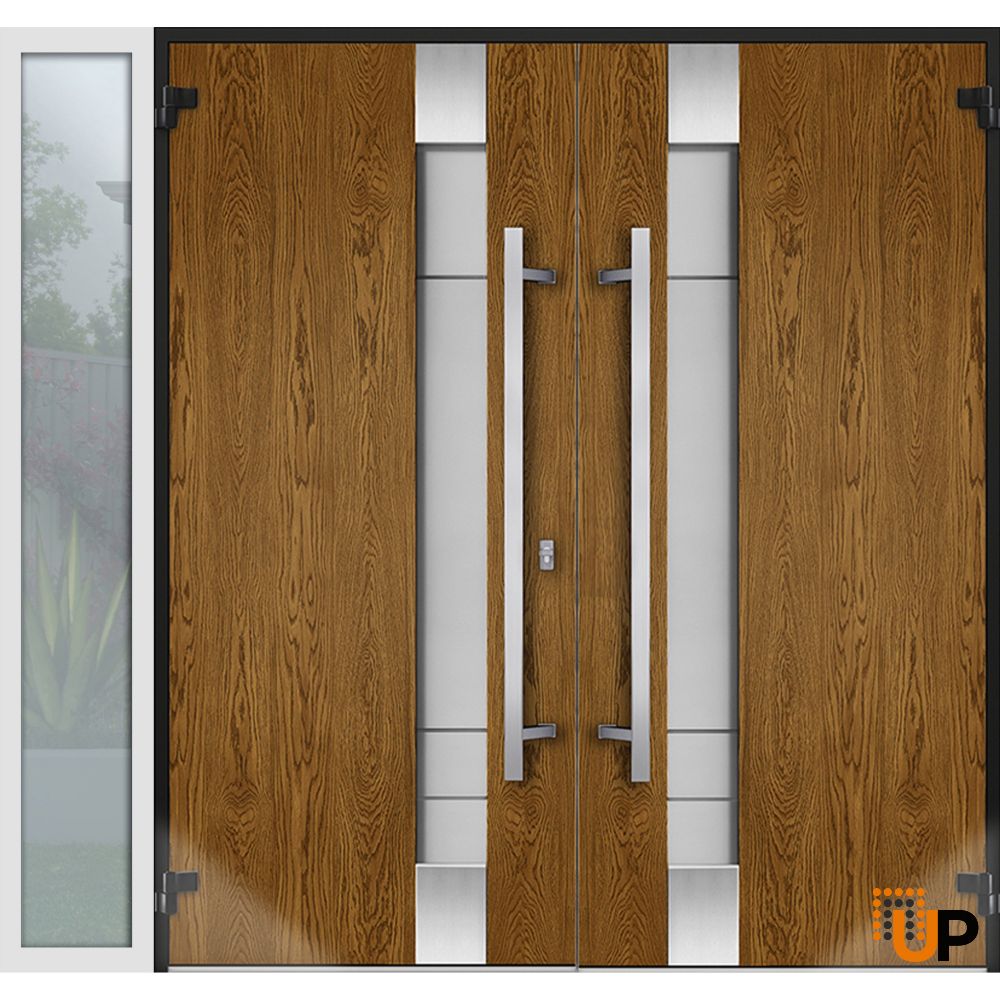 Front Exterior Prehung Steel Double Doors / Deux 1713 Natural Oak / White Sidelight Exterior Window / Stainless Inserts Double Modern Painted-Right Hand-W72+12" x H80" photo#4