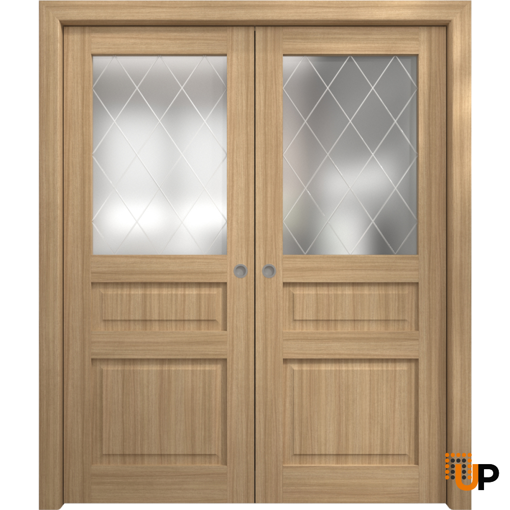 Sliding French Double Pocket Doors 36 x 80 inches | Ego 5011 Natural Oak | Kit Rail Hardware | Solid Wood Interior Bedroom Modern Doors photo#1