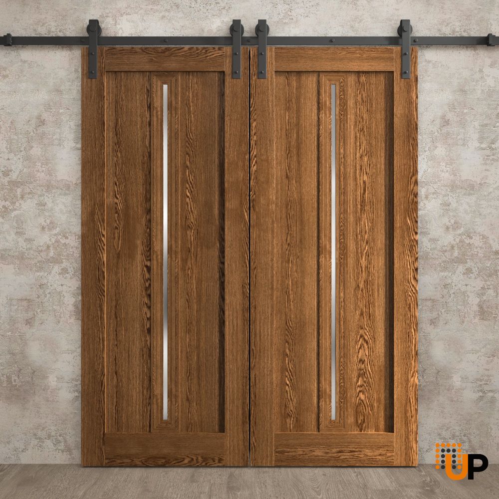 Modern Double Barn Door 72 x 96 inches | Ego 5014 Cognac Oak Veneer | 13FT Rail Track Set | Solid Panel Interior Doors photo#2