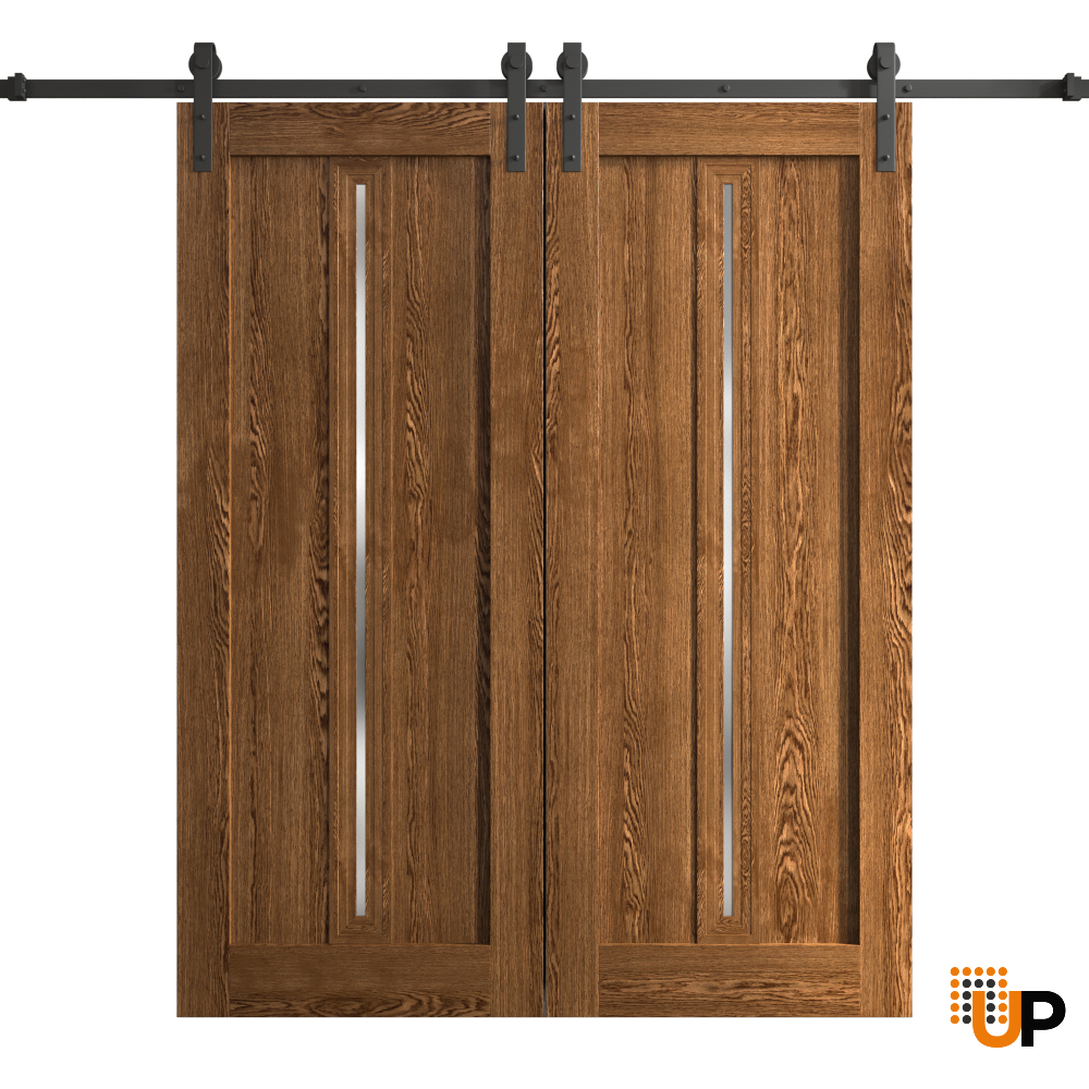 Modern Double Barn Door 72 x 96 inches | Ego 5014 Cognac Oak Veneer | 13FT Rail Track Set | Solid Panel Interior Doors photo#1