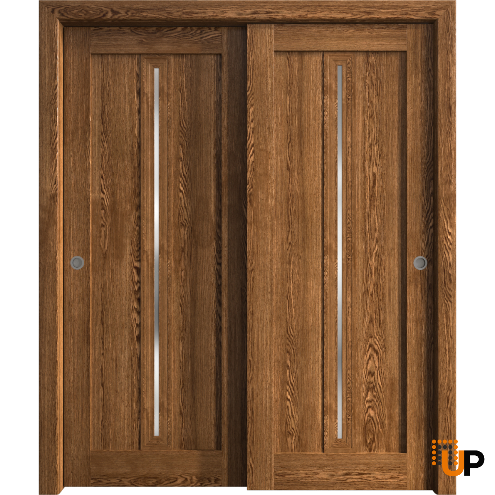 Sliding French Double Pocket Doors 36 x 80 inches | Ego 5014 Cognac Oak Veneer | Kit Rail Hardware | Solid Wood Interior Bedroom Modern Doors photo#1