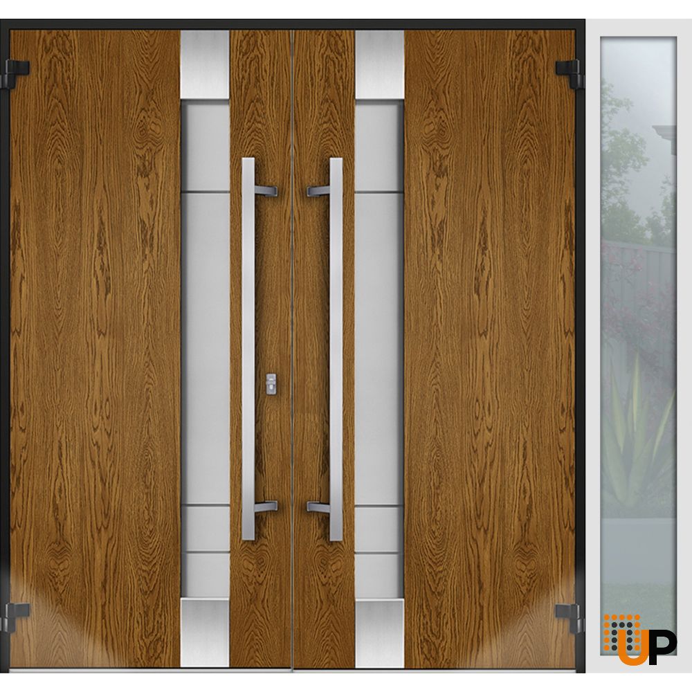 Front Exterior Prehung Steel Double Doors / Deux 1713 Natural Oak / White Sidelight Exterior Window / Stainless Inserts Double Modern Painted-Right Hand-W72+12" x H80" photo#3